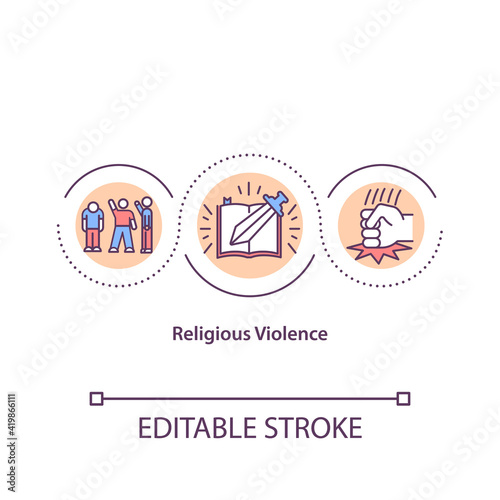 Religious violence concept icon. Threat of assault and attack. Dangerous fanaticism. Religion issues idea thin line illustration. Vector isolated outline RGB color drawing. Editable stroke