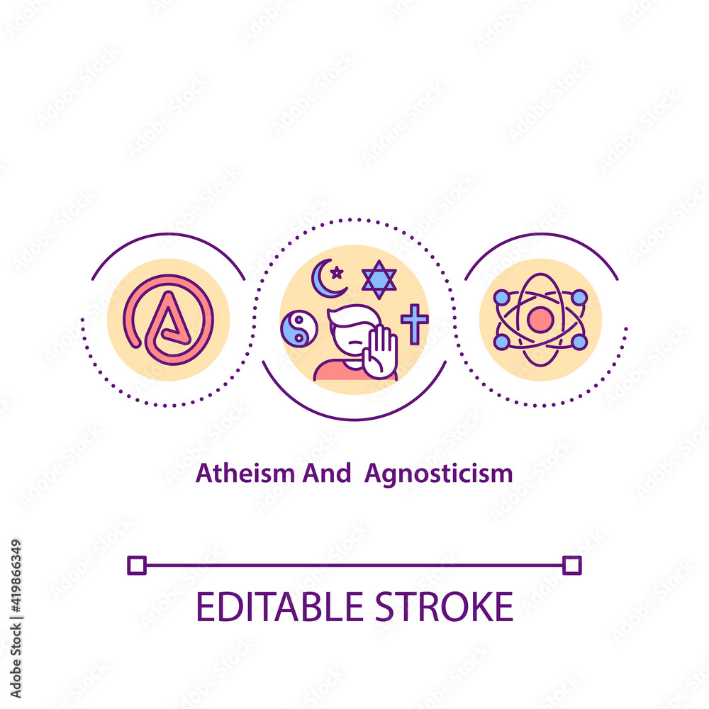 Atheism and agnosticism concept icon. Disbelief in religion. Theological question. Religious issues idea thin line illustration. Vector isolated outline RGB color drawing. Editable stroke