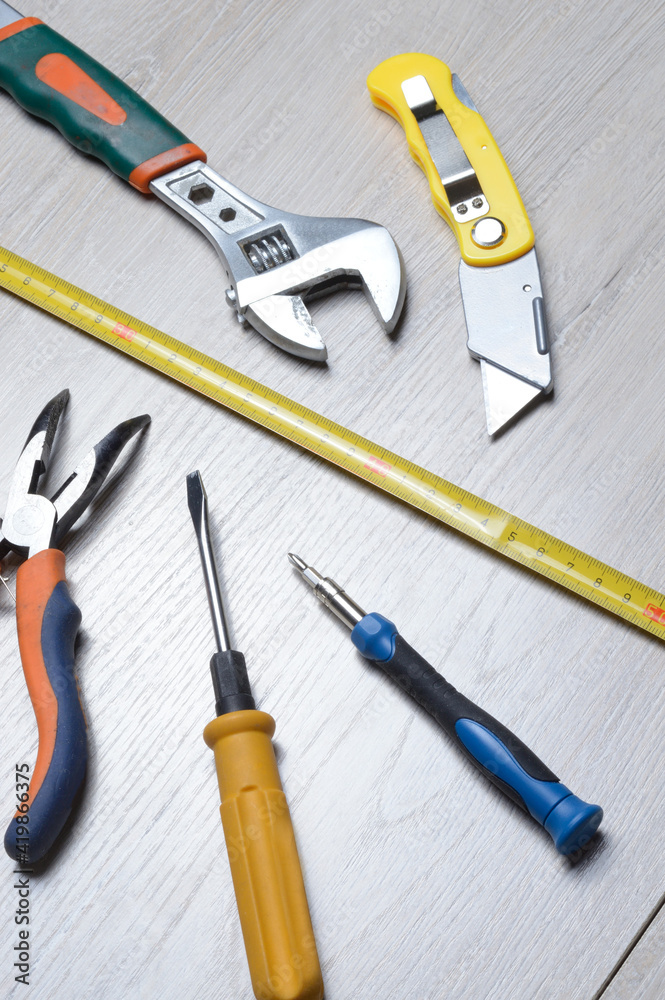 tools for minor home repairs are on the countertop. view from above. tools for minor home repairs are on the countertop. view from above.