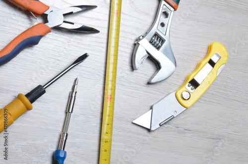 tools for minor home repairs are on the countertop. view from above.