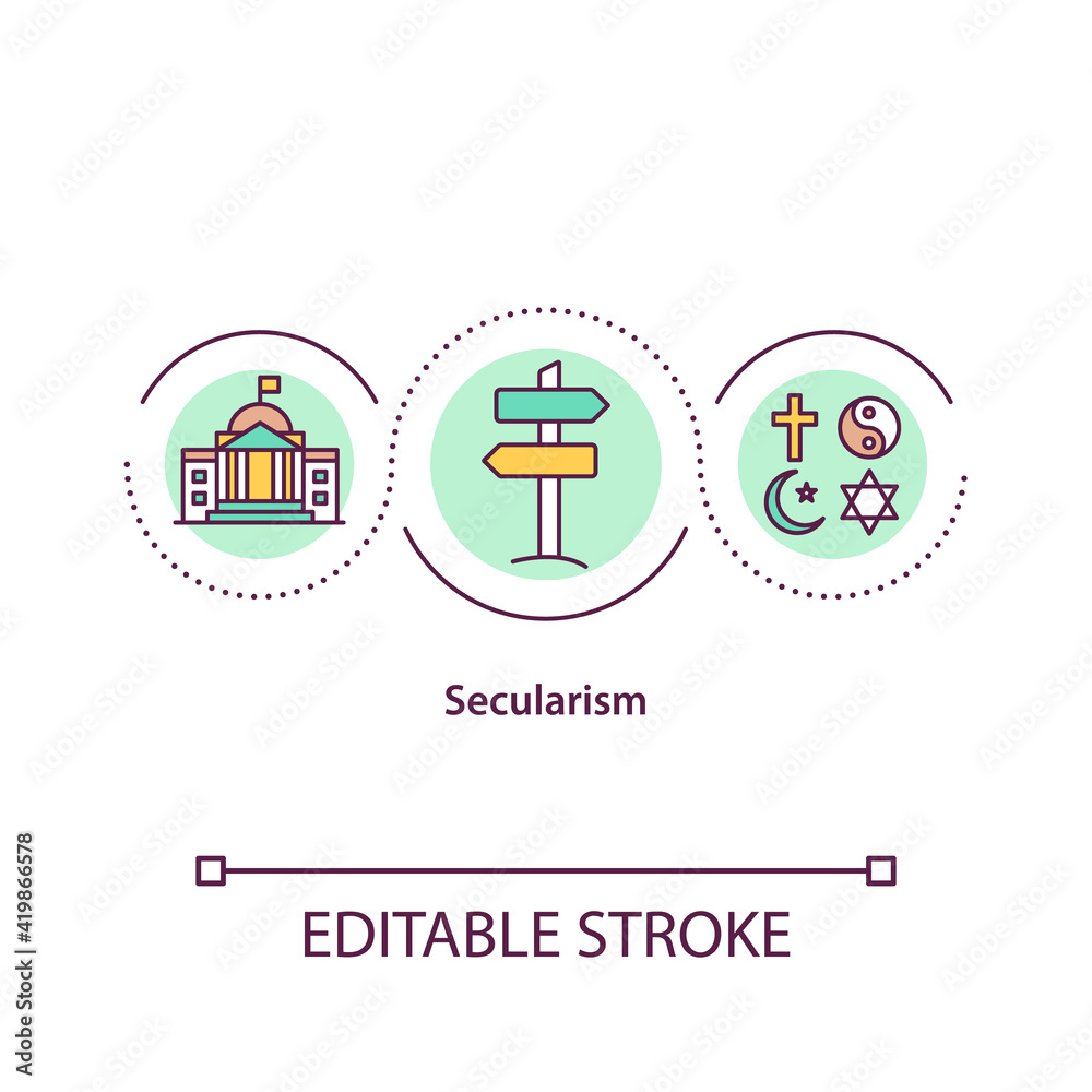 Secularism concept icon. Independance of state governance. Religion freedom. Religious issues idea thin line illustration. Vector isolated outline RGB color drawing. Editable stroke
