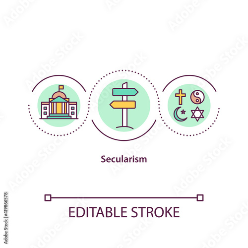 Secularism concept icon. Independance of state governance. Religion freedom. Religious issues idea thin line illustration. Vector isolated outline RGB color drawing. Editable stroke