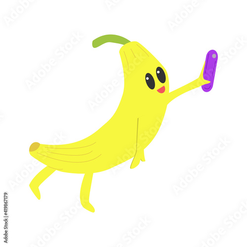 Funny fruit cartoon character. Cute kawaii banana. Vector illustration