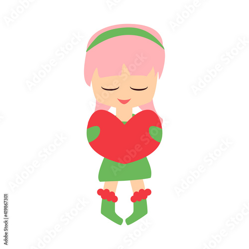 Cartoon flat little cheerful girl holding a heart. Can be used for stiker, notebook, banner, card, poster and any design. Cute smiling lady. Vector Illustration
