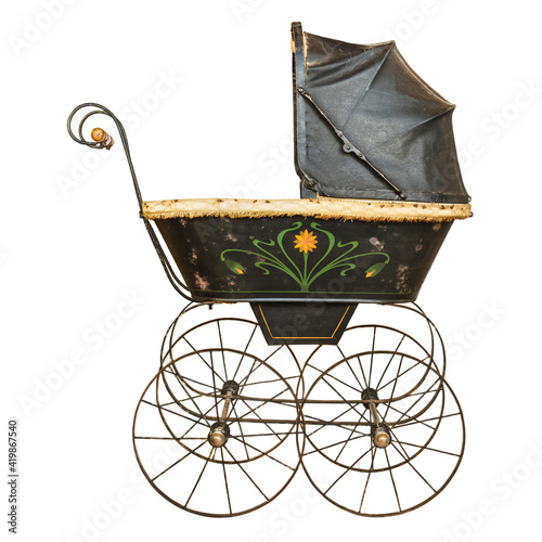 Vintage romantic baby stroller isolated on white