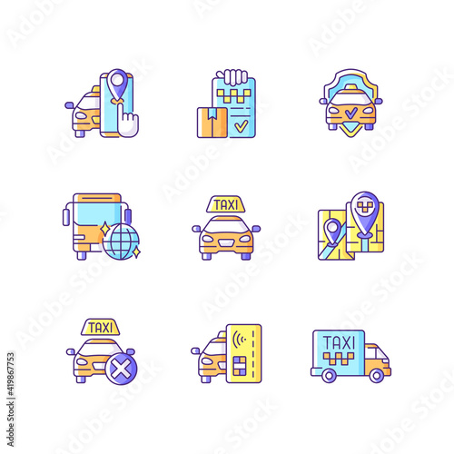 Taxi service RGB color icons set. Party bus. Easy navigation. Cargo taxi. Contactless payment. Convenient service for ordering car. Reliable transportation. Isolated vector illustrations