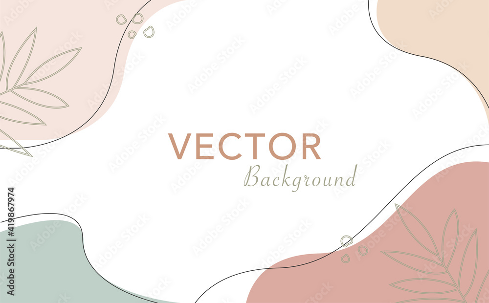 Abstract organic line drawing background. Neutral continuous minimal art vector banner template. Pastel colors floral design. Vector illustration.