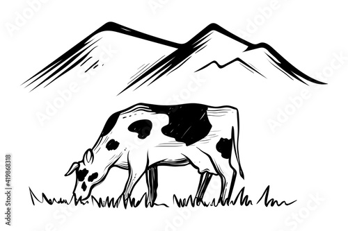 Cow eating grass on meadow with mountains, vector