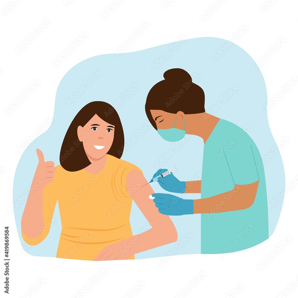 Obraz premium Doctor vaccinating patient. Adult vaccination concept. Immunization and vaccination of people against infection and bacterial disease.Happy patient. Vector illustration