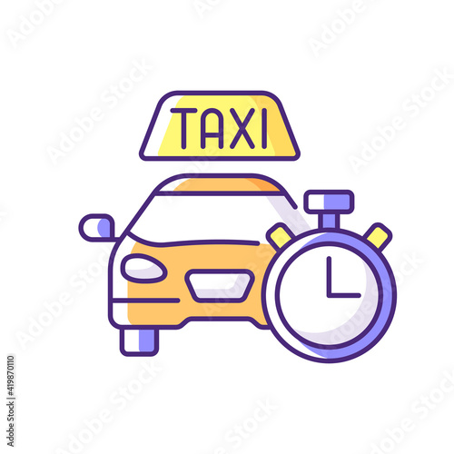 Immediate availability RGB color icon. The ability to quickly order a taxi. Affordable ride. Convenient service for ordering car. Car icon with clock face. Isolated vector illustration