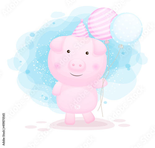Cute doodle piggy holding balloons cartoon illustration Premium Vector © dpalabistudio