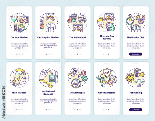 Intermittent fasting onboarding mobile app page screen with concepts set. Healthy eating. Diet walkthrough 5 steps graphic instructions. UI vector template with RGB color illustrations