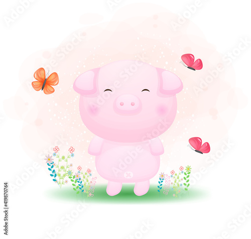 Cute doodle piggy playing with butterfly on the grass cartoon illustration Premium Vector