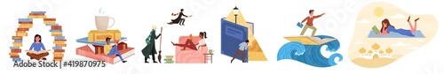 Set of different reading icons or scenes depicting the genre