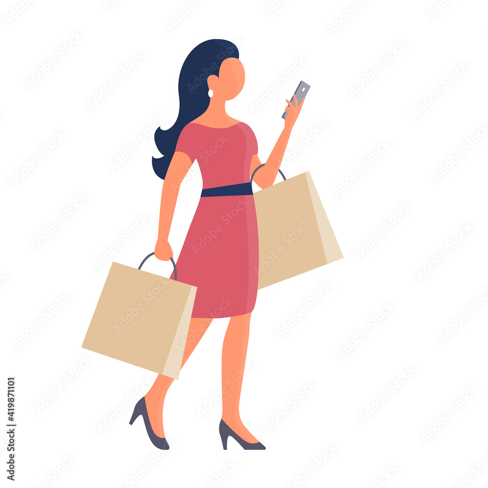 A beautiful girl goes shopping and talks on the phone. In the hands of the packages. Vector isolated flat illustration A beautiful girl goes shopping and talks on the phone. In the hands of the packages. Vector isolated flat illustration