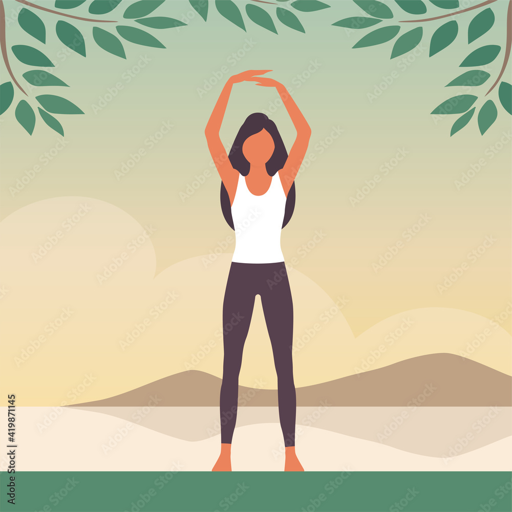 A beautiful girl is engaged in gymnastics against the backdrop of nature. Body workout. Health and beauty concept. Vector flat illustration