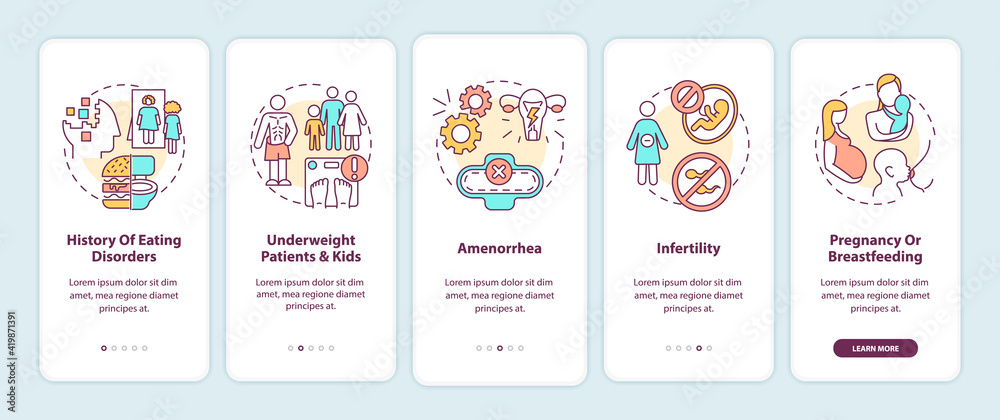 Intermittent fasting precaution onboarding mobile app page screen with concepts. Diet and health walkthrough 5 steps graphic instructions. UI vector template with RGB color illustrations