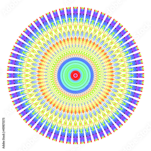 Creative multicolored points round symbol. Abstract symmetrical logo. Mosaic colorful beautiful beads. Circle dots modern pixel floral art icon. colored pattern ornament wheel decorative illustration.