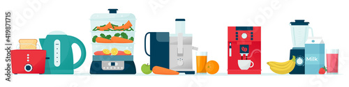 Big set of kitchen appliances for quick and convenient cooking and drinking. Vector illustration in flat style, isolated on white background