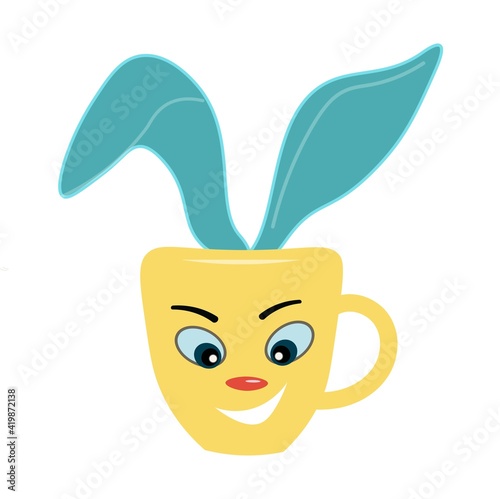 Cartoon cute cup. A coffee mug with an anthropomorphic face and bunny ears. Registration of the children's menu of the cafe. Isolated cute tableware. Vector illustration for Easter.