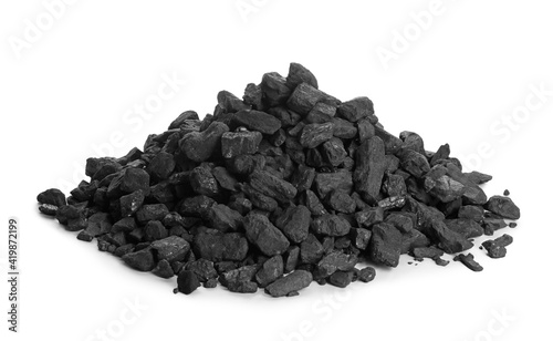 Fotografija Heap of coal isolated on white. Mineral deposits