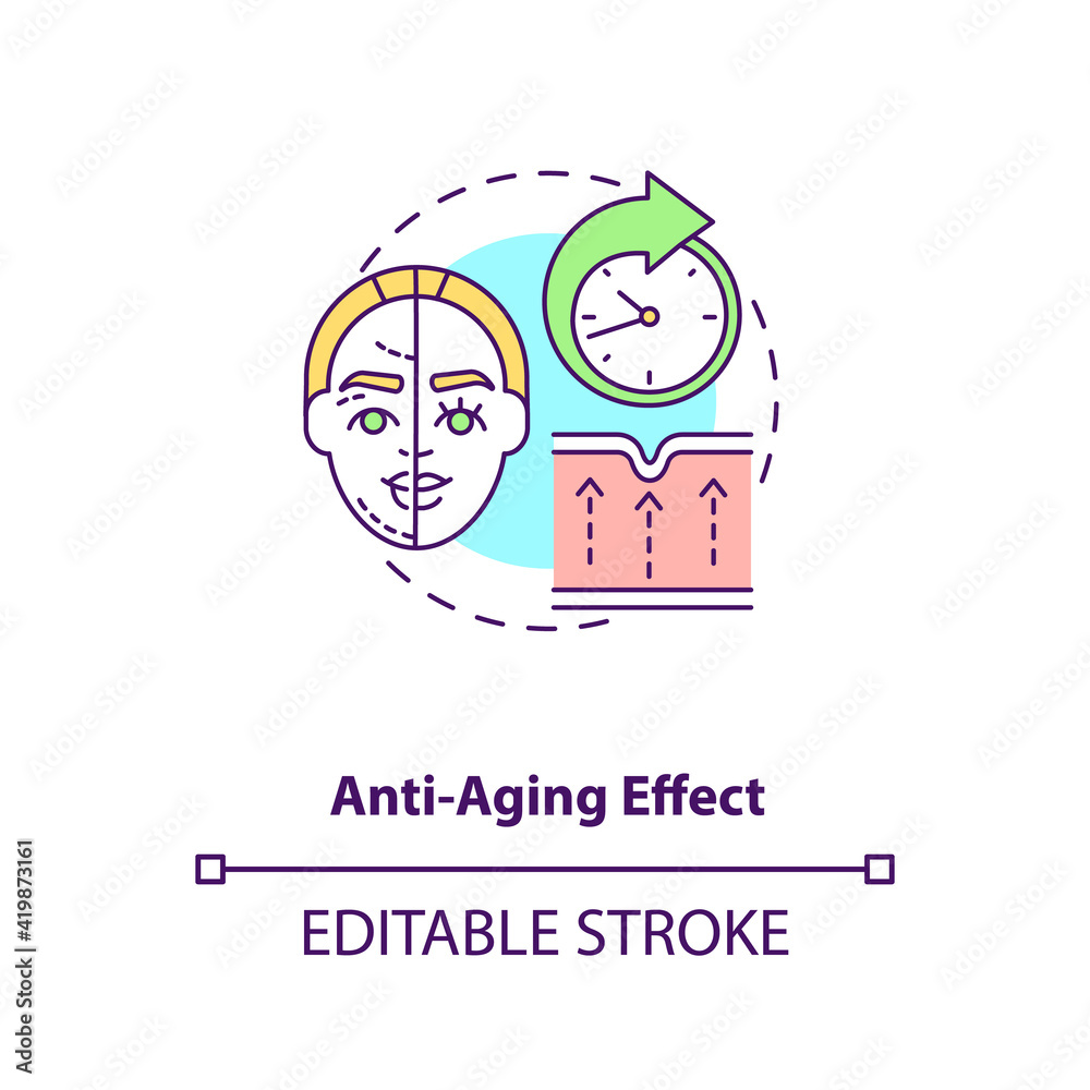 Anti aging effect concept icon. Smooth skin. Wrinkle treatment. Intermittent fasting benefit idea thin line illustration. Vector isolated outline RGB color drawing. Editable stroke Anti aging effect concept icon. Smooth skin. Wrinkle treatment. Intermittent fasting benefit idea thin line illustration. Vector isolated outline RGB color drawing. Editable stroke