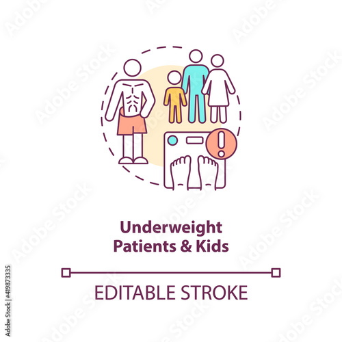 Underweight patients and kids concept icon. Eating disorder. Intermittent fasting precaution idea thin line illustration. Vector isolated outline RGB color drawing. Editable stroke