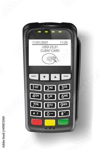Payment terminal machine for credit card flat lay. Electronic wireless reader for purchases vector illustration. Contactless technology for transactions isolated on white background