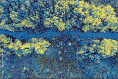 The blue river in the thickets of yellow bushes and trees - top view. Illustration of the river in the thickets of trees - van Gogh's color scheme.
