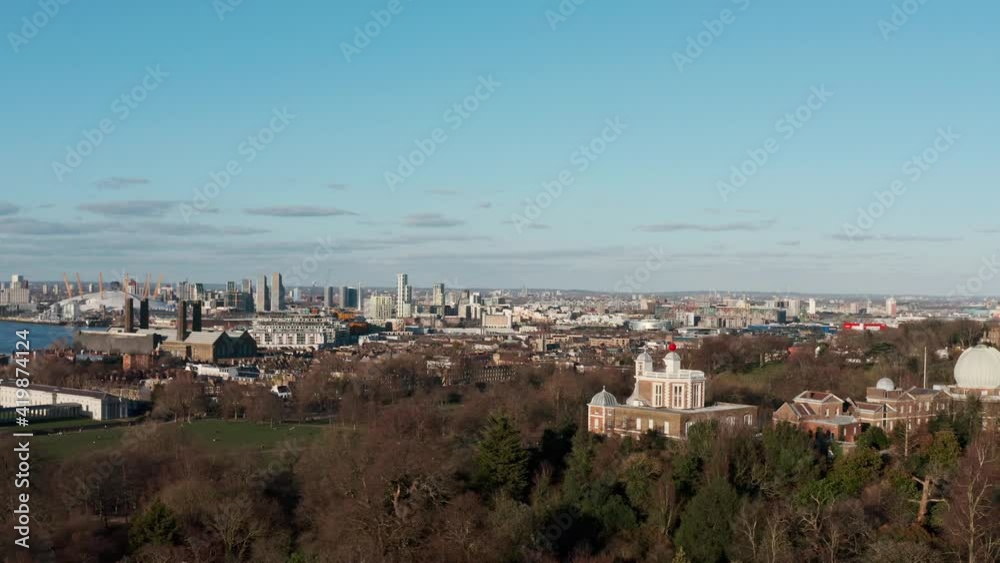 Rising drone shot greenwich observatory looking east towards The O2 Rising drone shot greenwich observatory looking east towards The O2