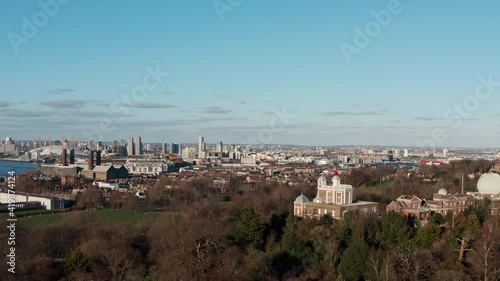 Rising drone shot greenwich observatory looking east towards The O2 photo