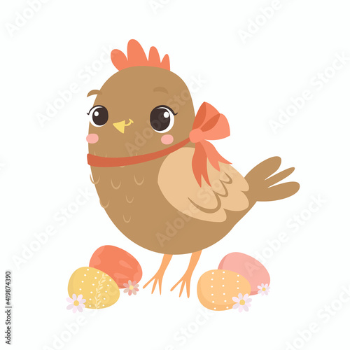 Easter chicken with eggs, cute farm animal. Easter eggs. Cute Cartoon Print