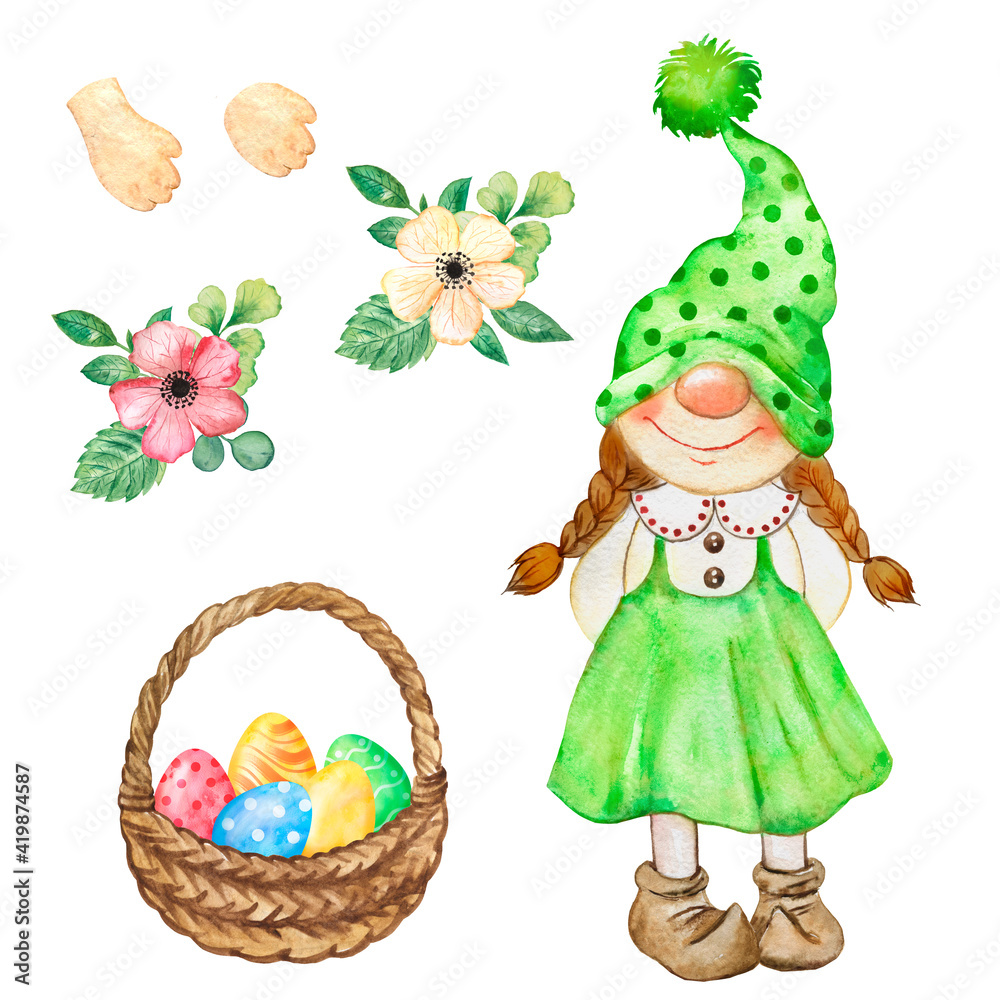 Obraz premium Cute gnome girl in green clothes with basket with Easter eggs and flowers, happy easter 
