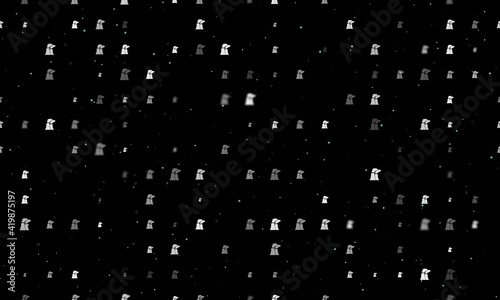 Seamless background pattern of evenly spaced white industrial pollution symbols of different sizes and opacity. Vector illustration on black background with stars