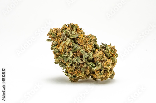 Close up prescription medical marijuana flower. CBD cannabis bud photography for dispensary menu. Medical marijuana strain. Weed bud, weed flower on white background.