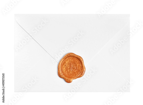 Envelope with wax seal isolated on white, top view