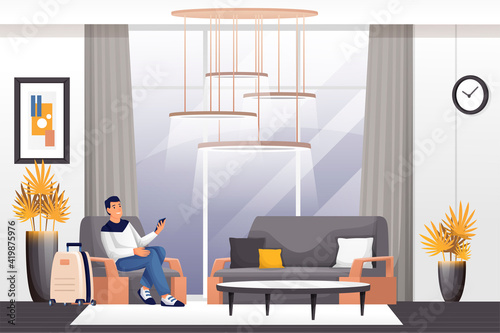 Man sitting at hotel lobby scene. Young guy with phone and suitcase in armchair vector illustration. Hall for guests interior design with sofa, plants, desk, horizontal panorama