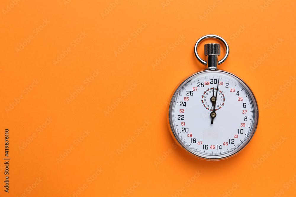 Vintage timer on orange background, top view. Space for text - obrazy, fototapety, plakaty 