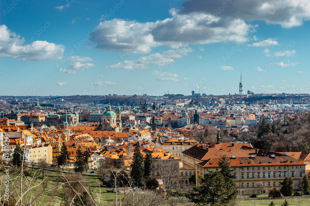 Aerial postcard view of Prague,Czech Republic. Prague panorama.Beautiful sightseeing on sunny spring day.Amazing European cityscape.Red roofs,TV tower,historical houses.Travel urban scenery.