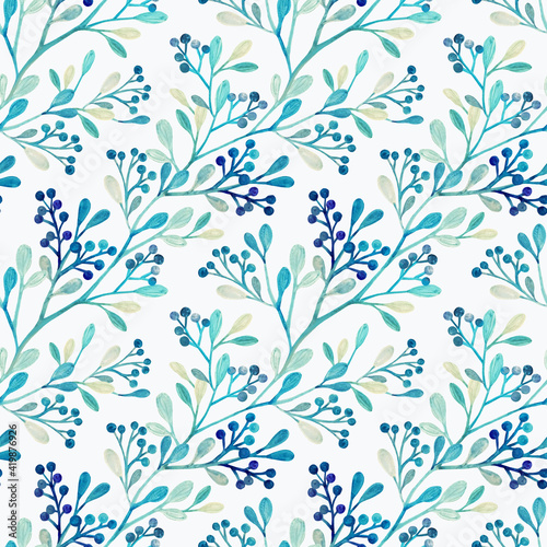 Delicate watercolor botanical seamless pattern with twigs and berries on a white background