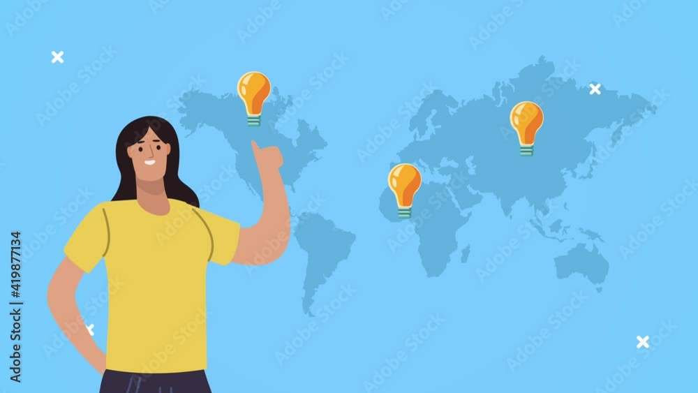 female worker with bulbs in earth planet maps