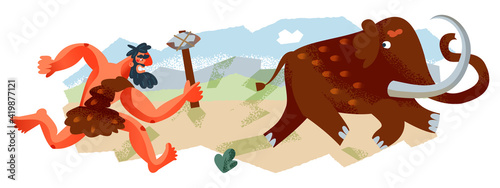Caveman hunting mammoth in Stone Age. Prehistoric ancient history vector illustration. Man running after animal with axe to get food. Savage hunter in nature. Horizontal scene
