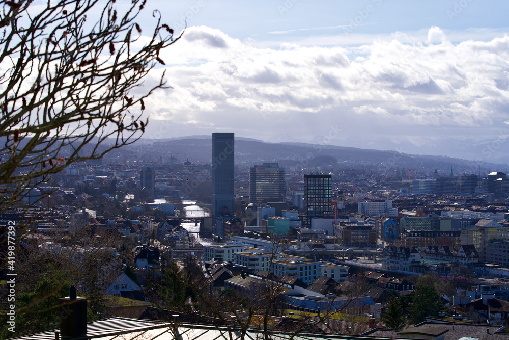 Fototapeta premium Panorama view over city of Zurich. Photo taken March 12th, 2021, Zurich, Switzerland.