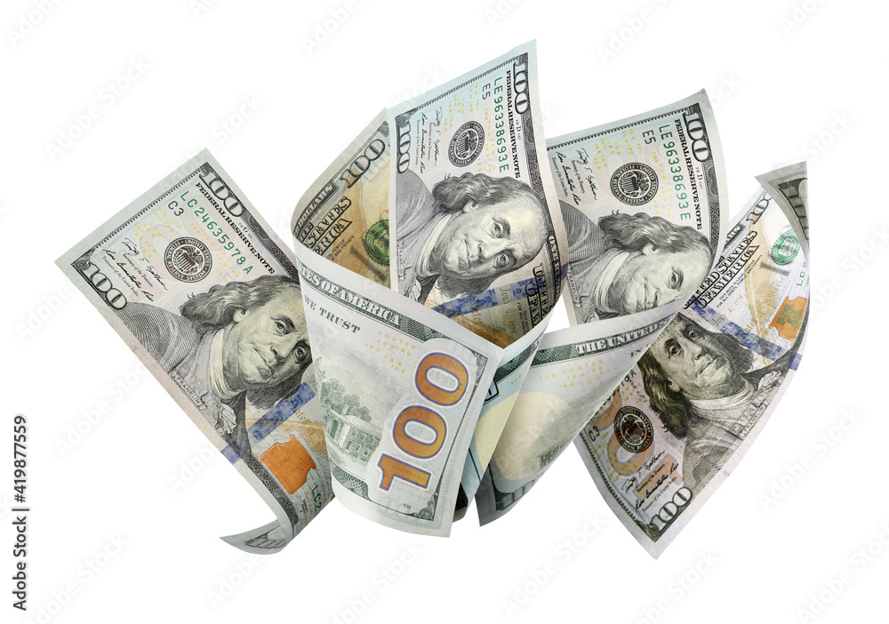 Dollar banknotes flying on white background, collage Dollar banknotes flying on white background, collage