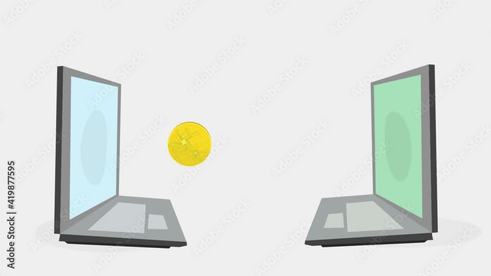 animation of movement of coins from one computer to another. electronic money transactions