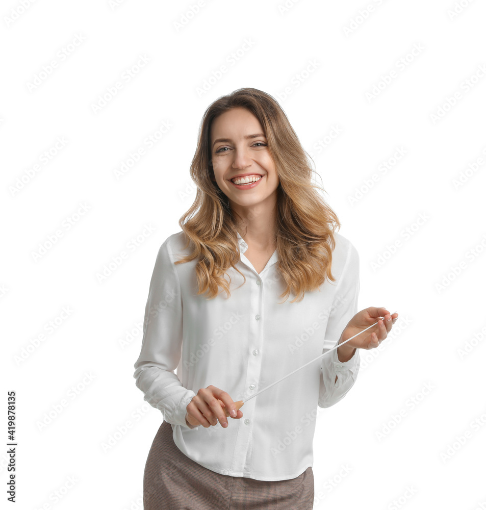Music teacher with baton on white background Music teacher with baton on white background