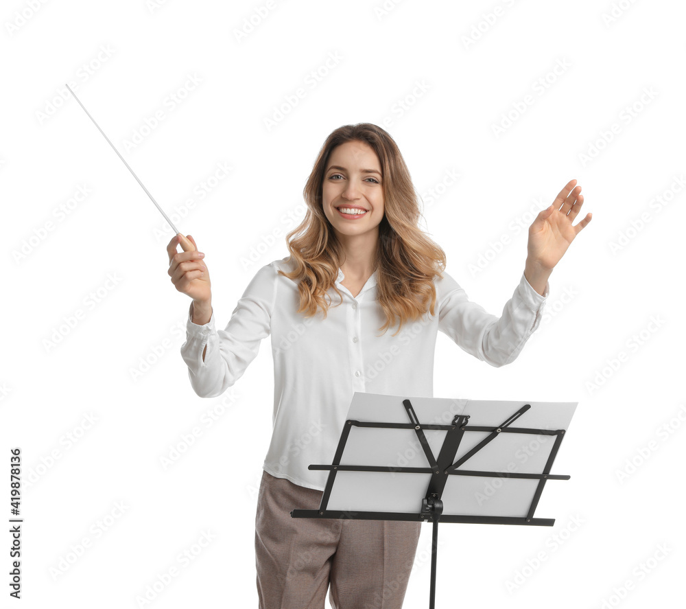 Music teacher with baton and note stand on white background Music teacher with baton and note stand on white background