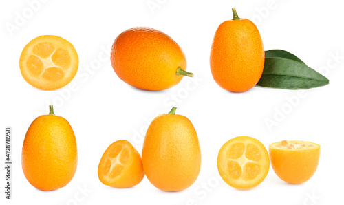 Set with fresh ripe kumquat fruits on white background