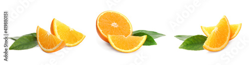 Set with tasty ripe oranges on white background. Banner design