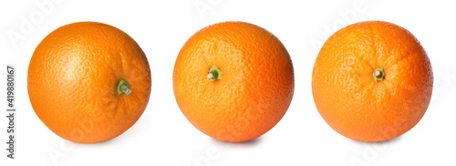 Set with tasty ripe oranges on white background. Banner design